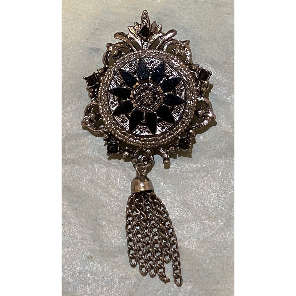 Vintage Denicé Gothic Black Glass Medallion Tassel Brooch Pendant